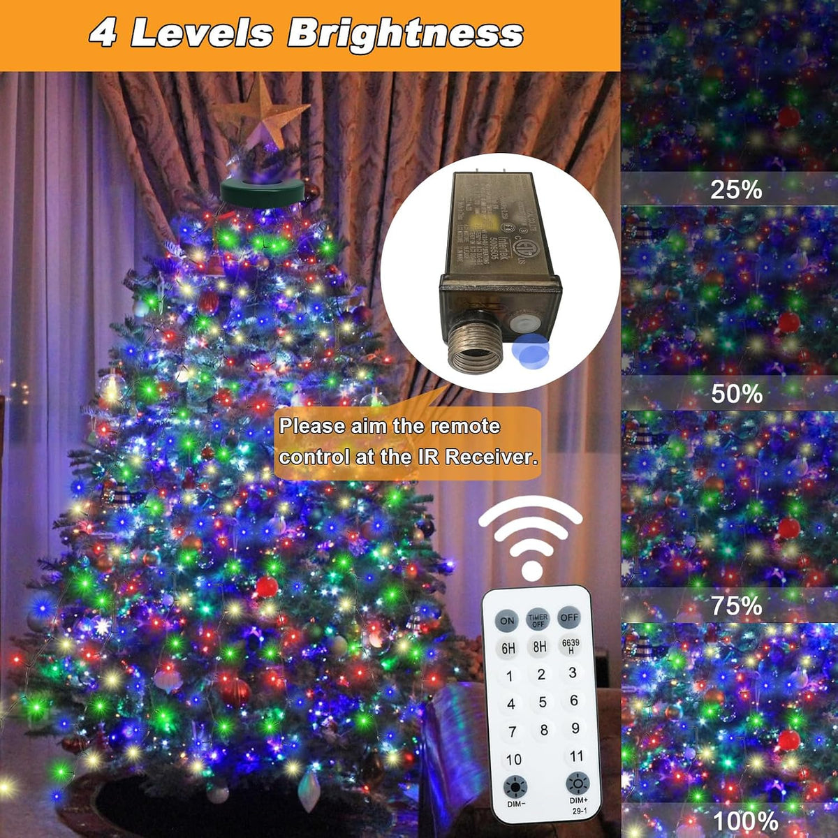 Wafloter 9.2ft x 16 Lines Multicolor to White Color Changing Christmas Tree Lights with Ring, 480 LEDs Xmas String Lights w/Remote,11 Light Mode, Timer & Memory for 5-9.2ft Christmas Tree Decorations