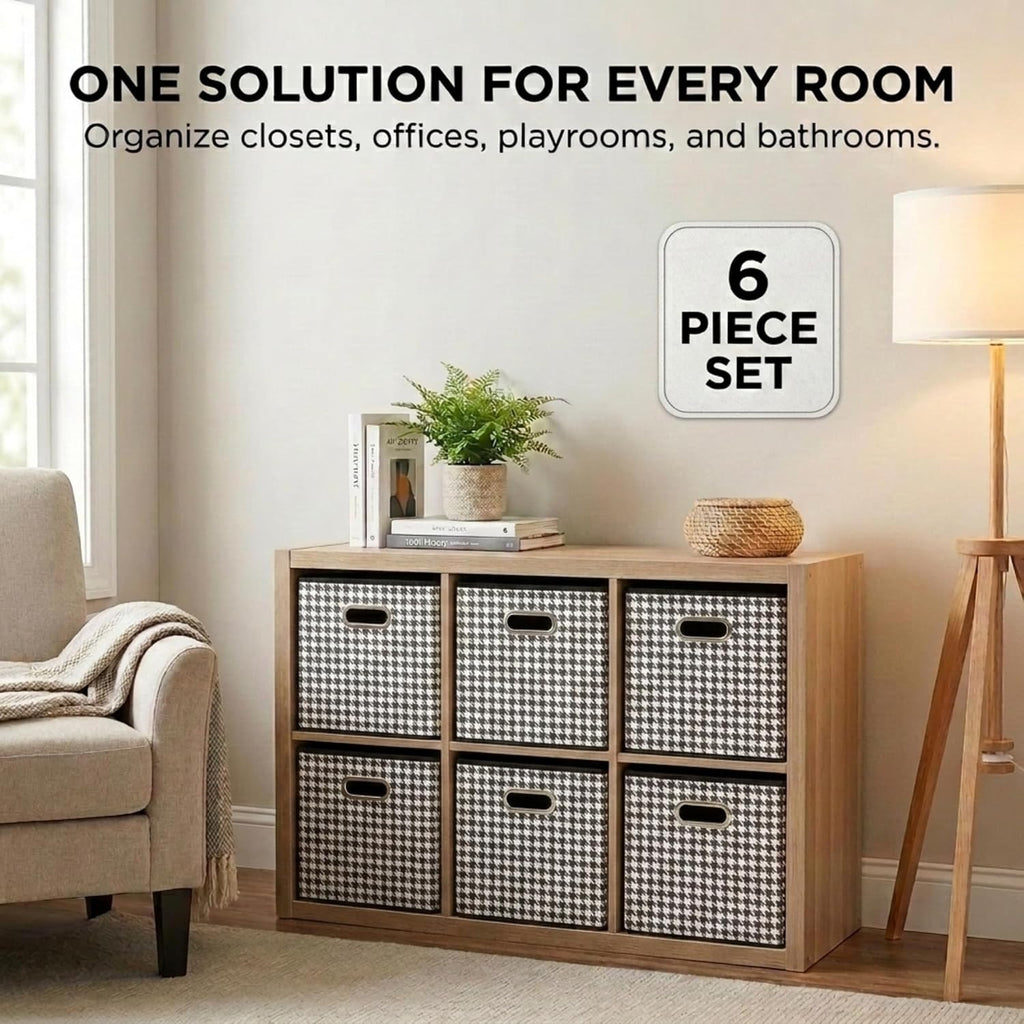 Household Essentials Foldable Fabric Storage Cubes 6-Pack – 11x11x11 Stackable Non-Woven Bins with Chipboard Sides & Grommet Handles – Closet, Shelf, Nursery, or Office Organizer – Houndstooth