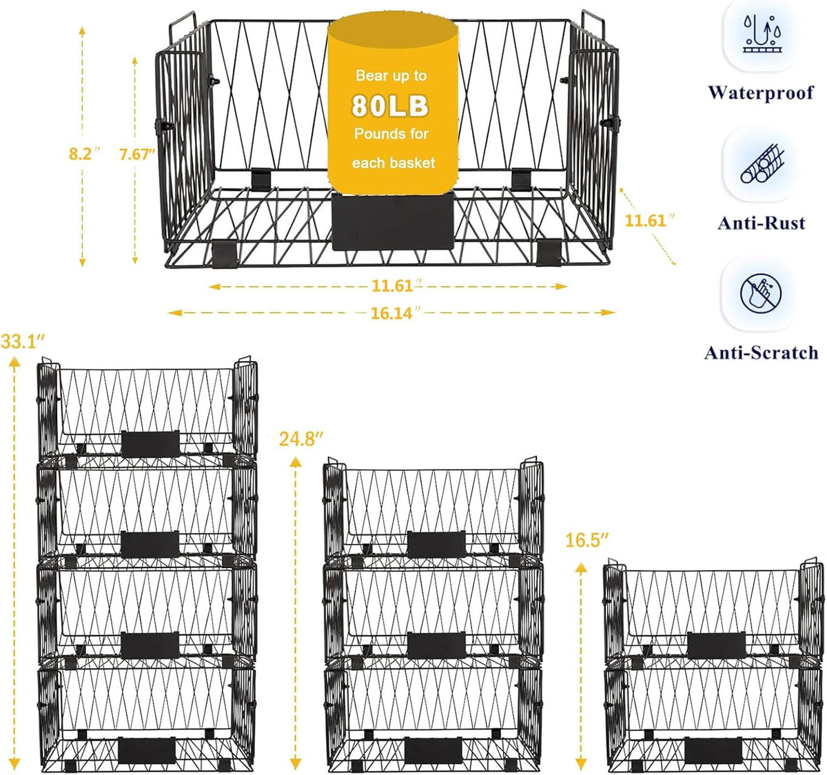 4 PACK XXL Stackable Wire Baskets for Pantry Organization and Storage
