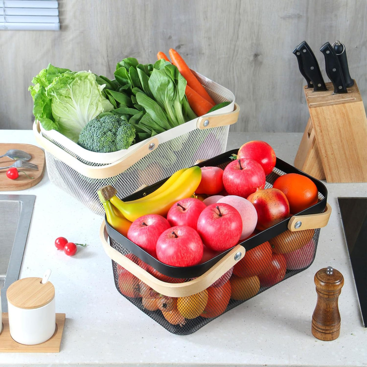 Coloful Metal Mesh Wire Basket with Foldable Wooden Handle,Bin Garden Fruit Vegetable Storage Hanging Harvest Holder for Kitchen Bathroom Picnic (Yellow, Cuboid & Cube)