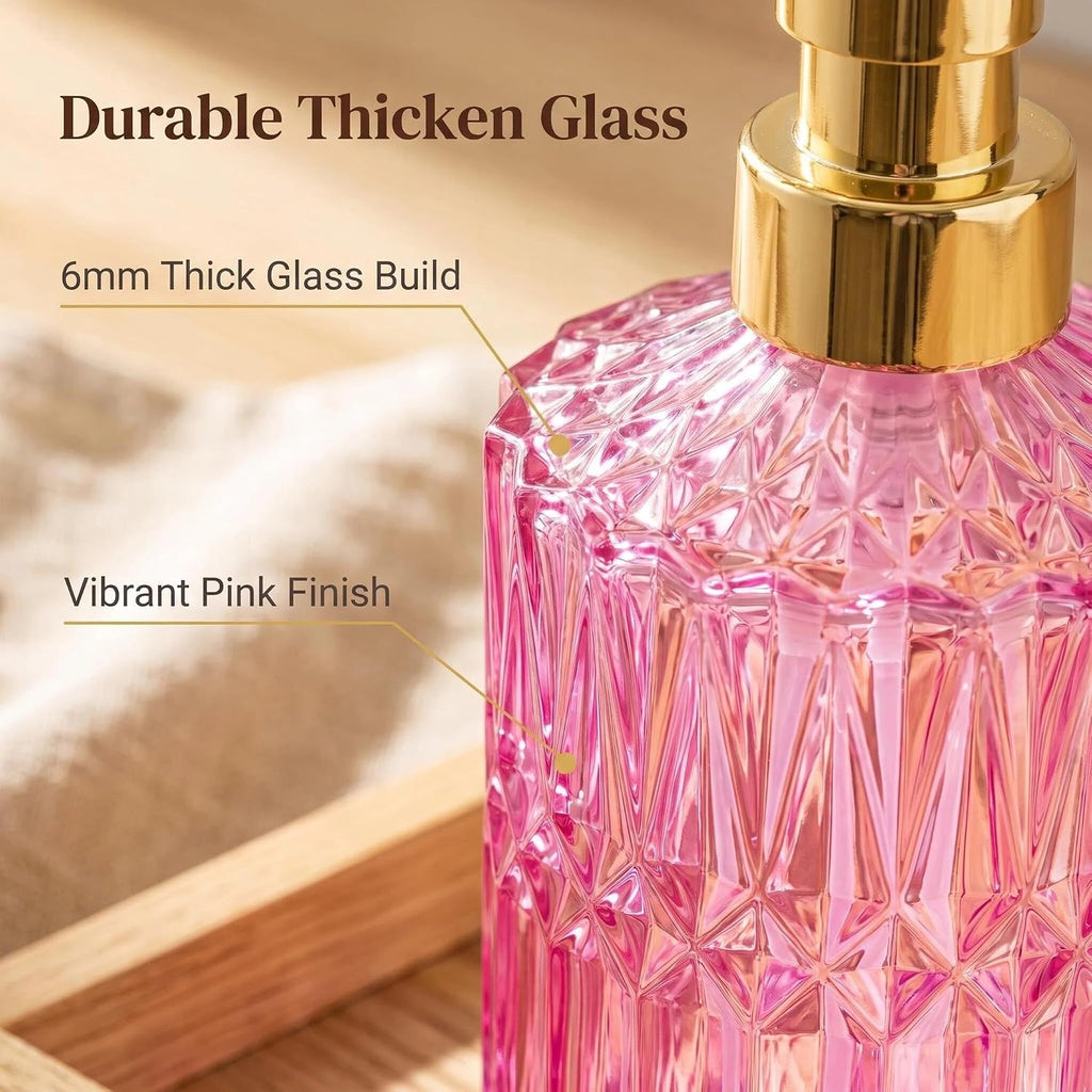 LaMarriti Pink Glass Soap Dispenser with Gold Rust Proof Pump, Refillable Thick Glass Kitchen Soap Dispenser, Lotion Dispenser Bathroom for Hands Soap, Dish Soap, Body Wash