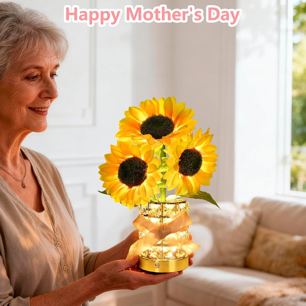 Handmade Sunflower Lamp, Rechargeable Cordless Touch Table Lamp, 3-Colour Infinitely Dimming Small Night Light, Festival Restaurant Bedroom Bar Coffee Shop Birthday Gifts for Women Mom, 3 Sunflowers