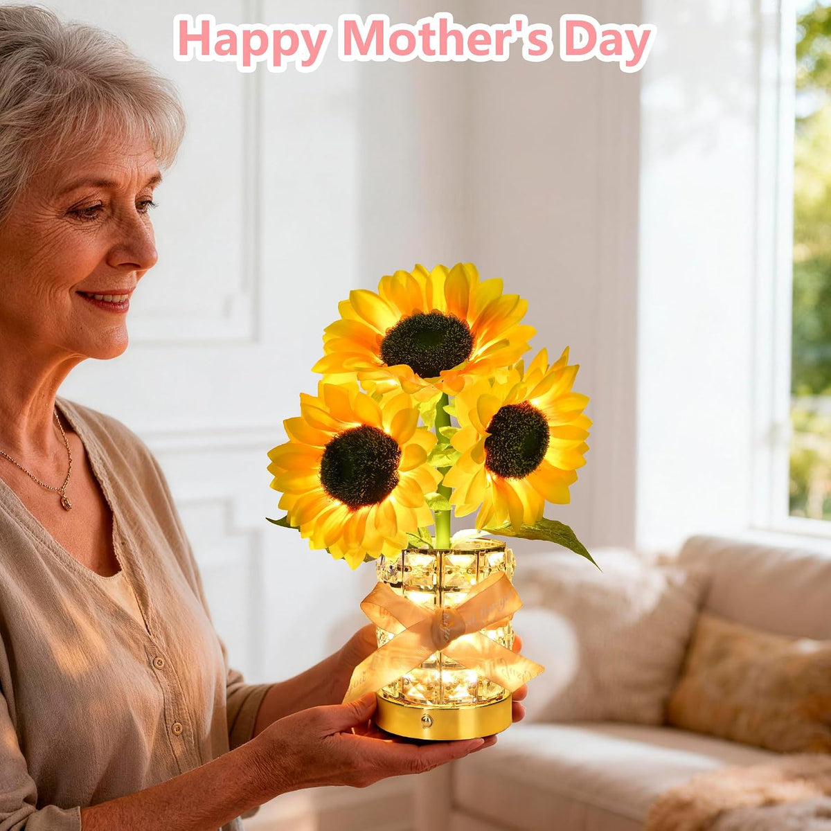 Handmade Sunflower Lamp, Rechargeable Cordless Touch Table Lamp, 3-Colour Infinitely Dimming Small Night Light, Festival Restaurant Bedroom Bar Coffee Shop Birthday Gifts for Women Mom, 3 Sunflowers