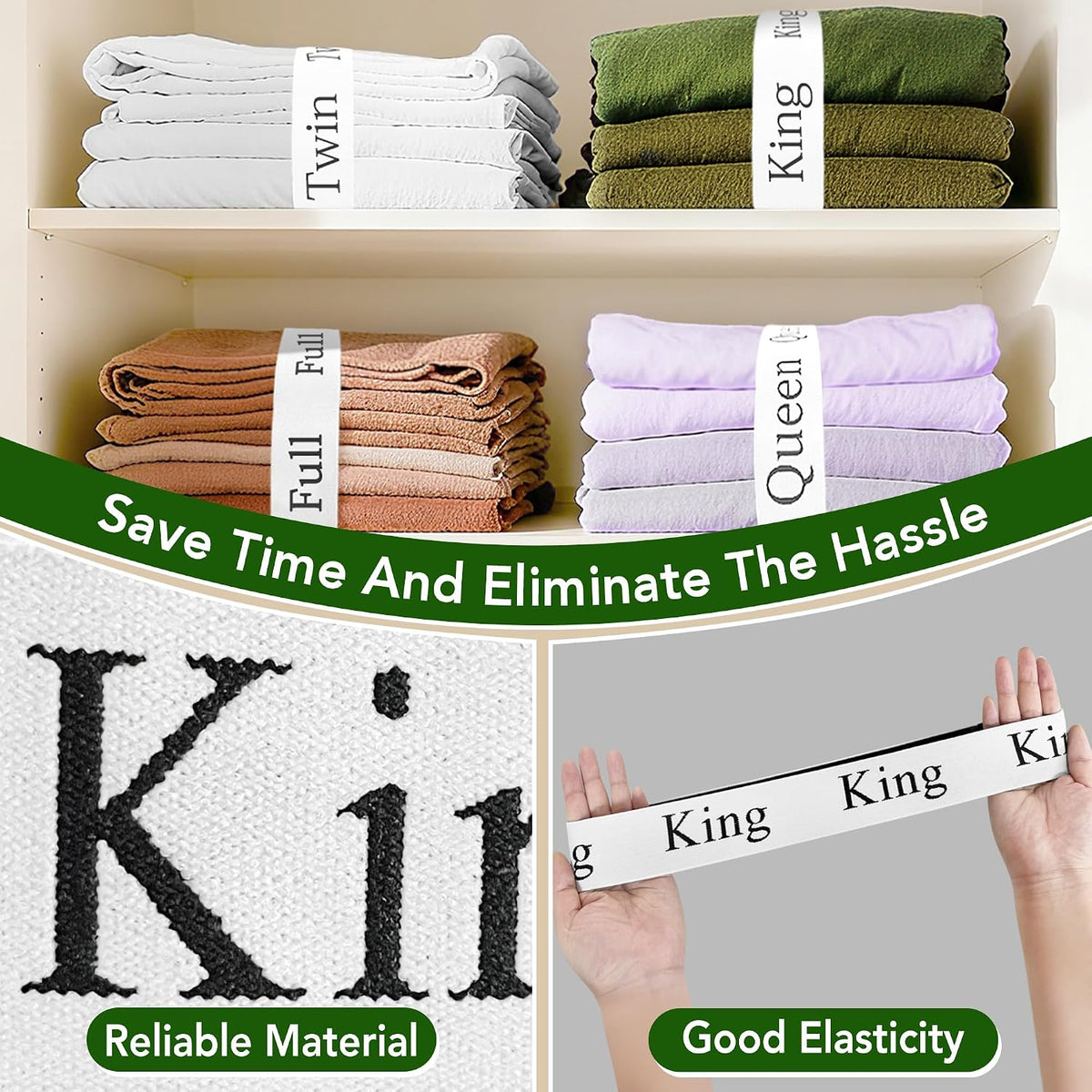 12 Pack Bed Sheet Organizer Bands, Mixed Size Label Straps for Linen Closet Organizers and Storage