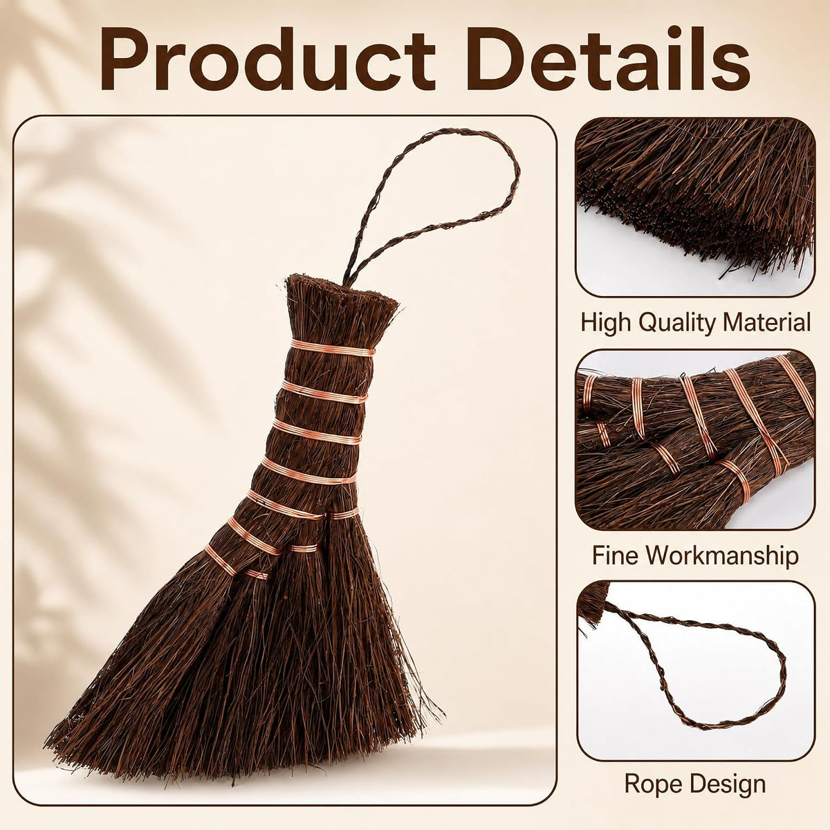 Fasmov 3 Pack Bonsai Broom Brush, Natural Straw Broom with Embroidery Nylon Thread Handle with Hanger, Whisk Broom Hand Brush Car Broom for Cleaning Dustpan Desktop