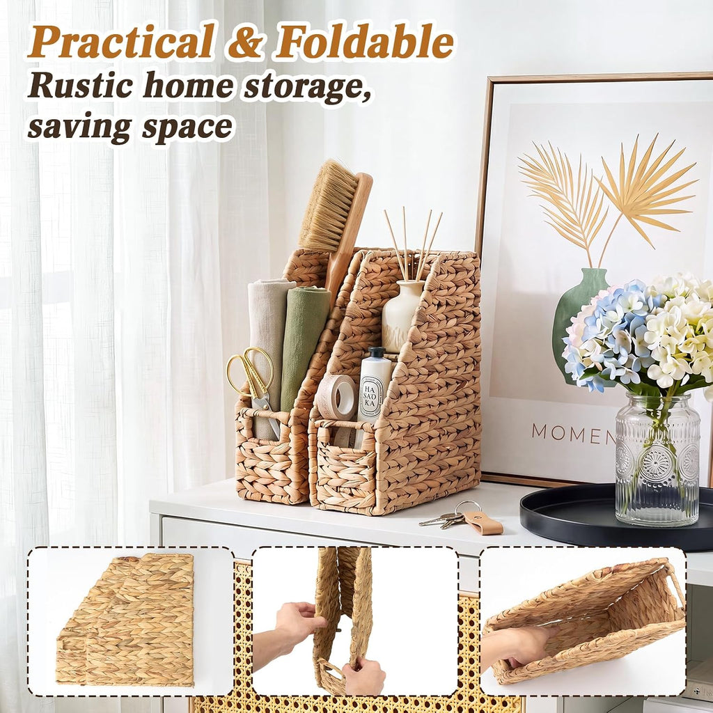 2 Pcs Handwoven Magazine File Holder 11.8'' Foldable Design