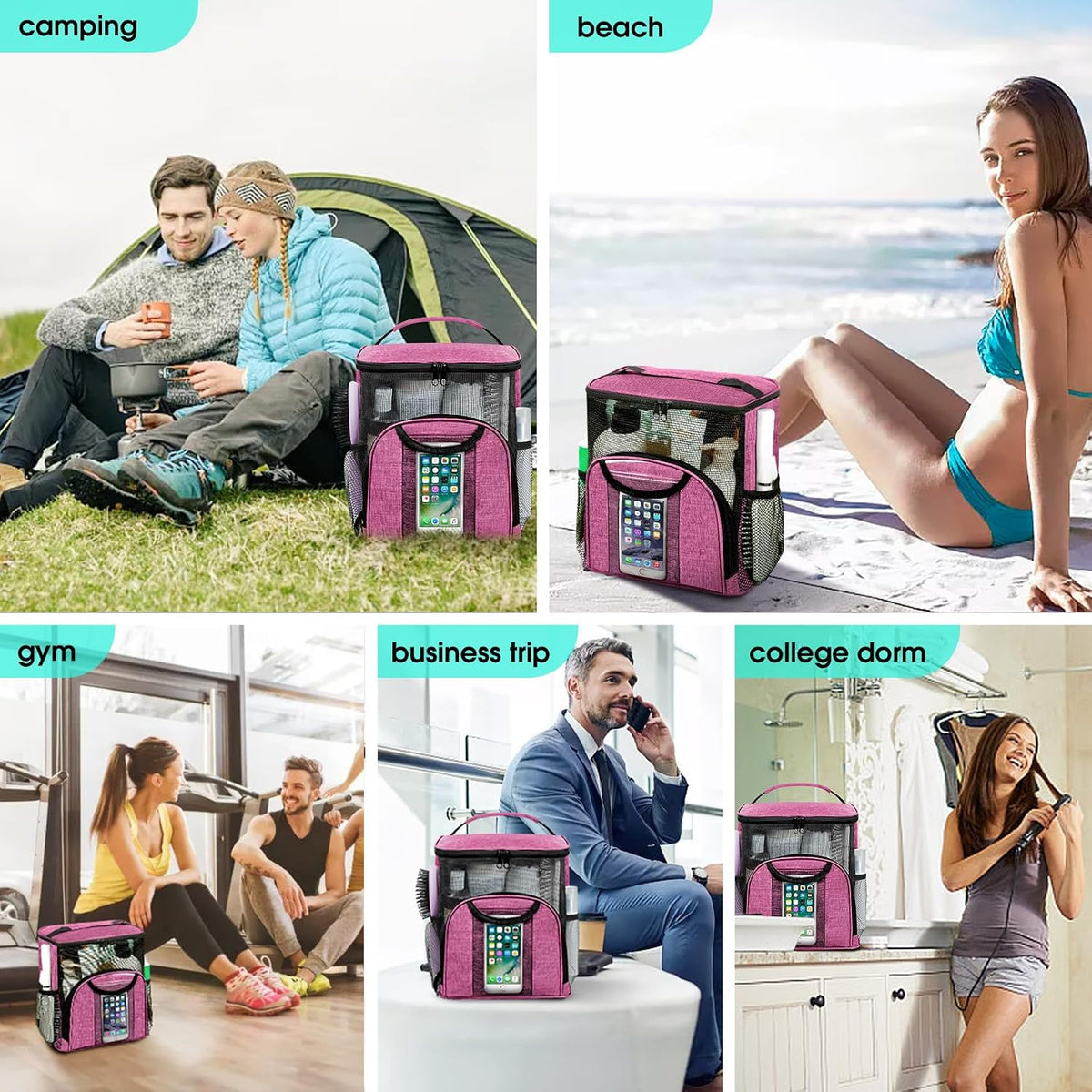 Attmu Portable Shower Caddy College Tote Bag, Quick Dry Hanging Toiletry Bag, Large Capacity Mesh Shower Caddy Portable for College Dorm Room Essentials for Boys and Girls for Bath Camping (Pink)