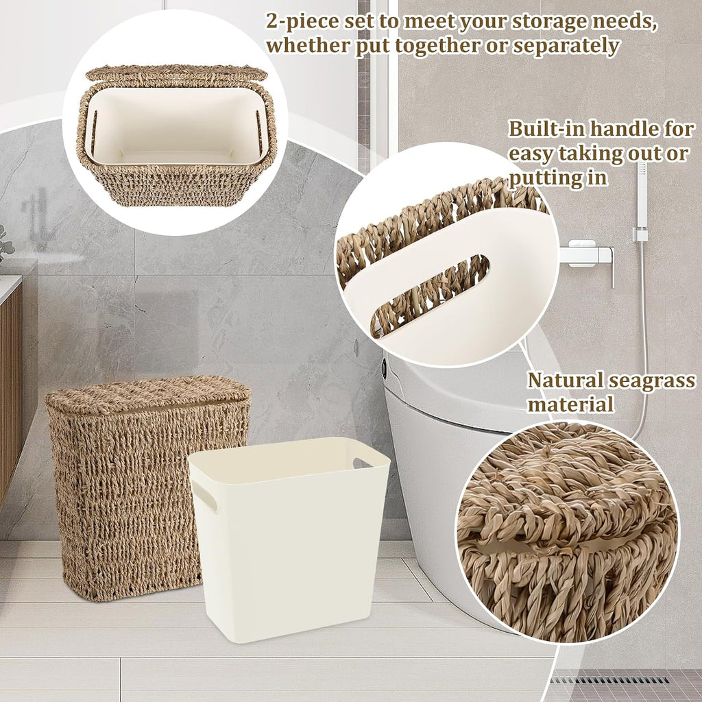 Wicker Waste Basket with Lid and Liner, Woven Seagrass Trash Can, Bathroom Trash Can, Boho Garbage Wastebasket for Bedroom Home Living Room Office Kitchen, 2.5 Gallon