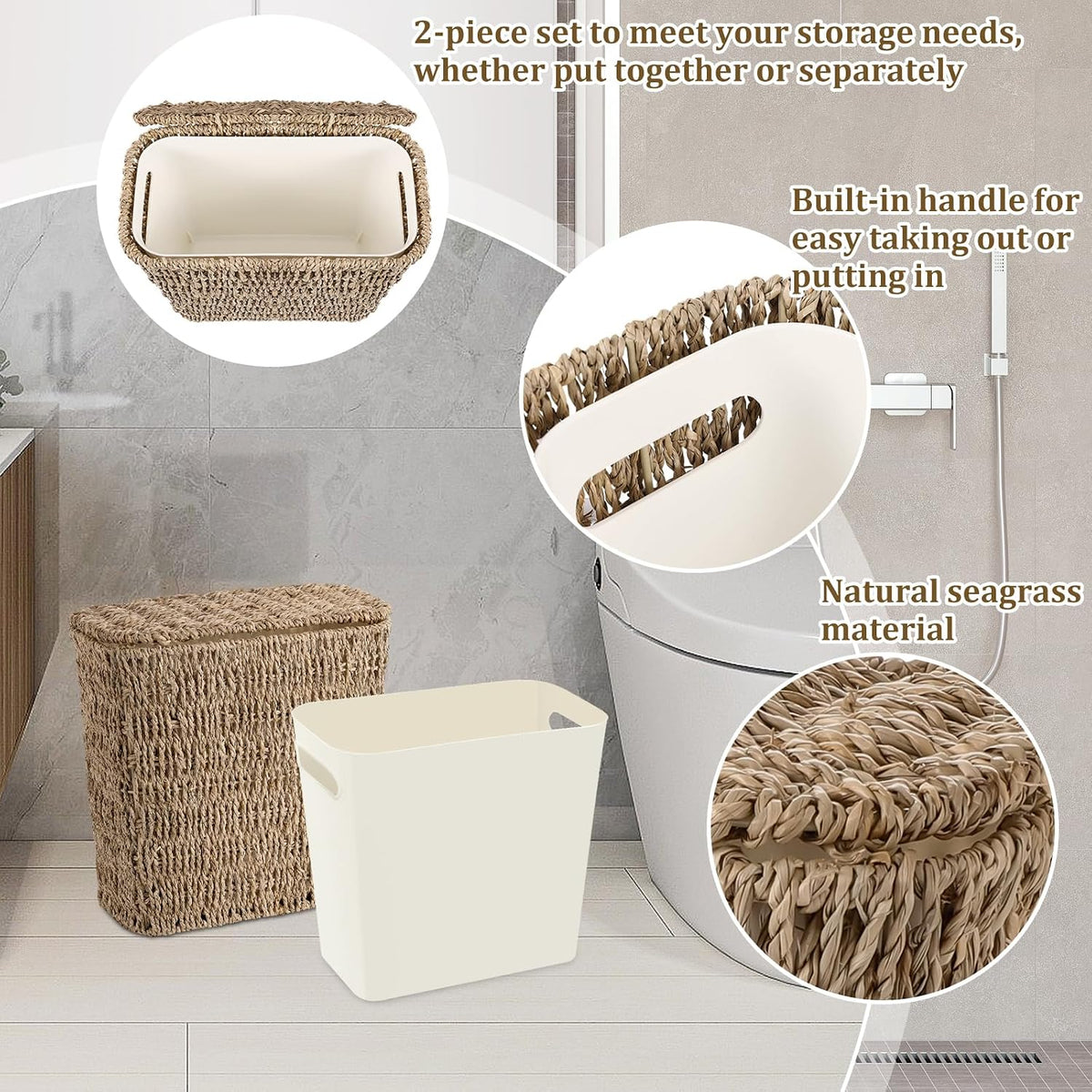 Wicker Waste Basket with Lid and Liner, Woven Seagrass Trash Can, Bathroom Trash Can, Boho Garbage Wastebasket for Bedroom Home Living Room Office Kitchen, 2.5 Gallon