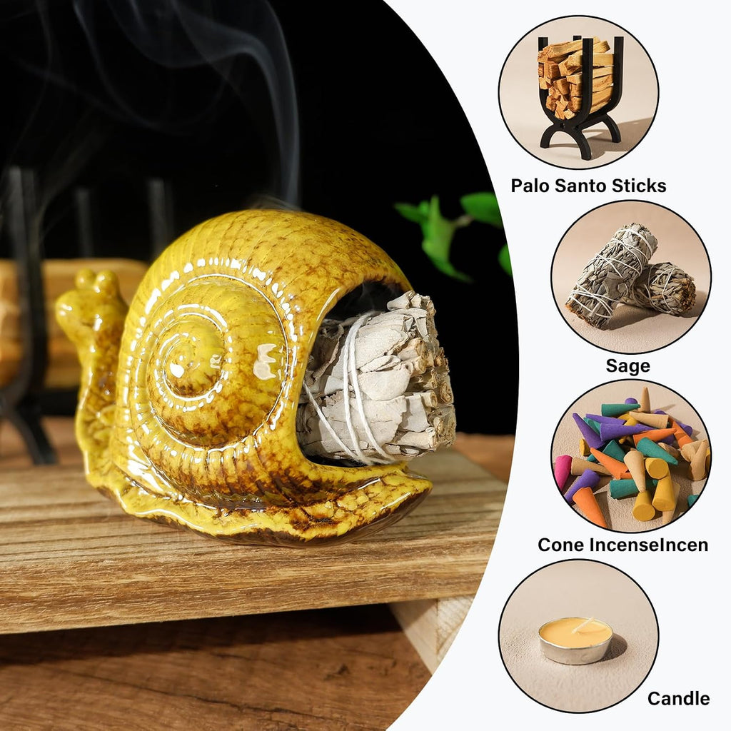 MOUGIGI Handcrafted Yellow Ceramic Snail Palo Santo Holder Mini Fireplace