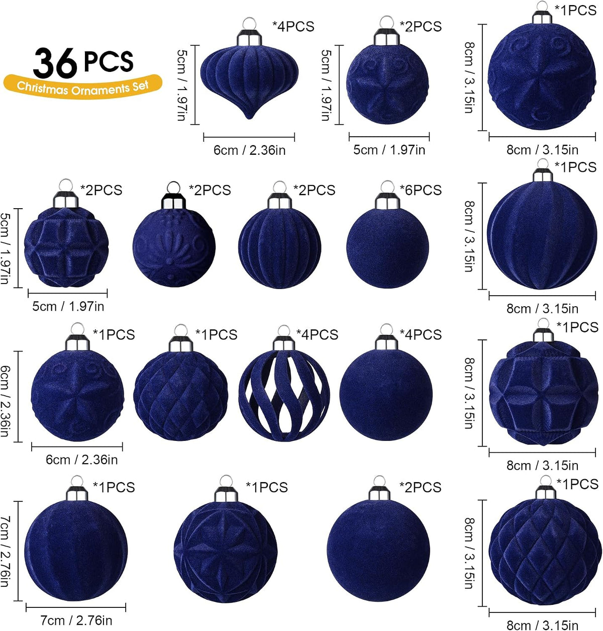 36pcs Velvet Christmas Ball Ornaments Set, Flocked Shatterproof Christmas Ornaments, Xmas Tree Decorations Set Hanging Ornaments Decor for Xmas Holiday Party Home (Navy Blue)