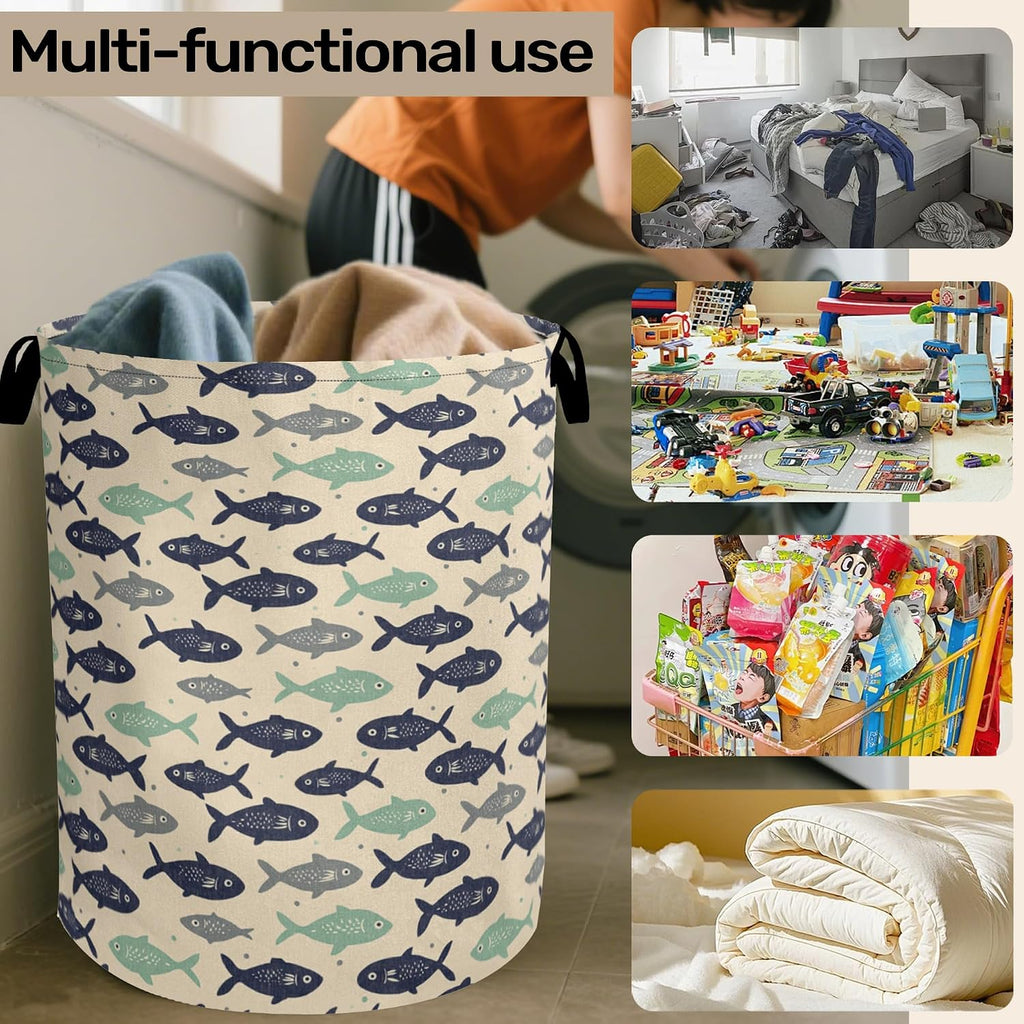 Cute Japanese-Style Fish Foldable Laundry Hamper - Waterproof Fabric Storage Basket with Handles, Clothes Hampers for Laundry,Bedroom,Dorm