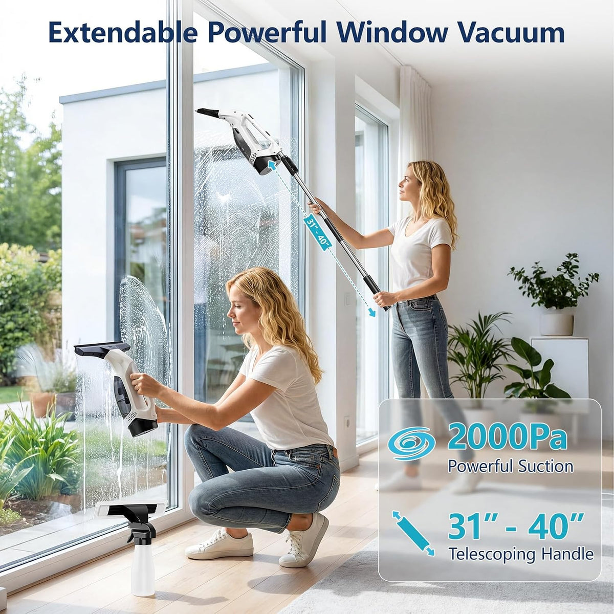 Window Vacuum Squeegee with Extendable Pole 31-40", Electric Cleaner Tool