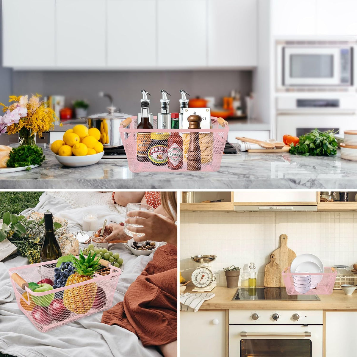 PTSGCAI 2Pack Metal Mesh Steel Basket with Bamboo Handle - Wire Metal Basket for Kitchen Organization, 12" Wide Food Organizer Bin, Perfect for Organizing Bulk Pantry (PINK)