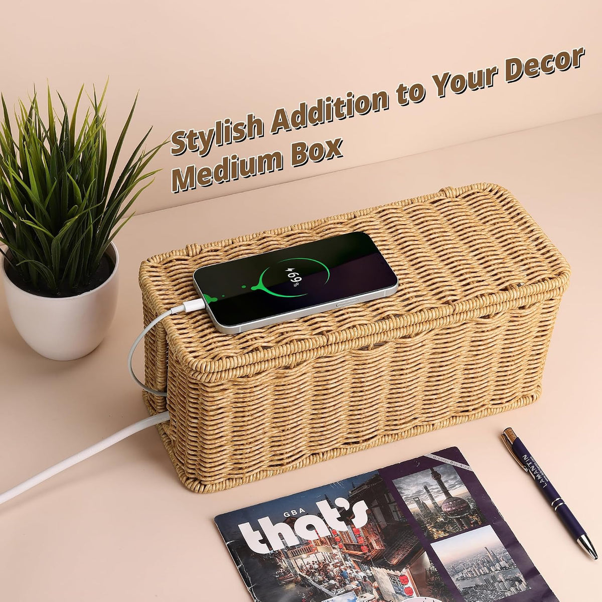 ZhiYo Rattan Cable Management Box, Brown Cord Organizer, 12.5" x 5" x 5.2"