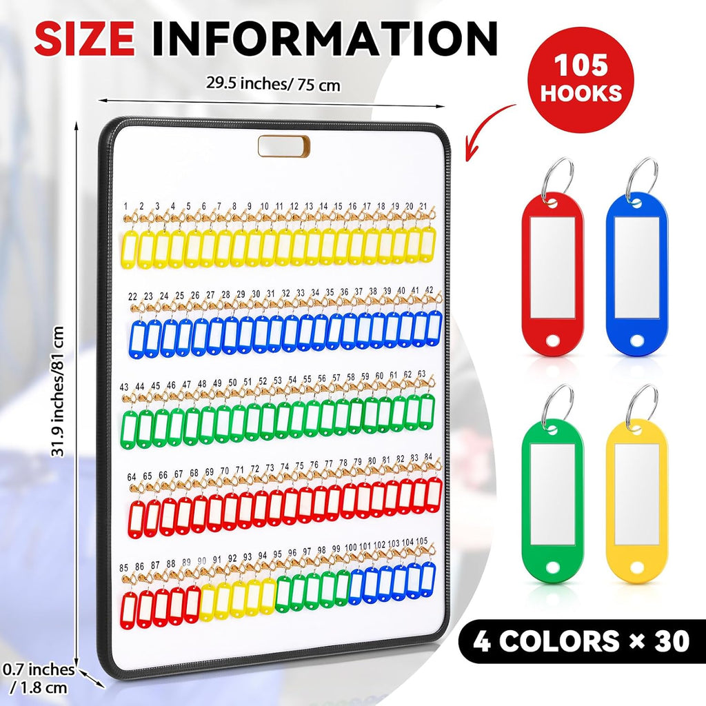 RattanView Key Hook Board Rack with 120 Pcs Plastic Tags Set 31.9 x 29.5 Inch Key Holder Wall Mount Organizer with 105 Hooks Self Closing Tabs Colored Labels for Car Hotels Office House Storage