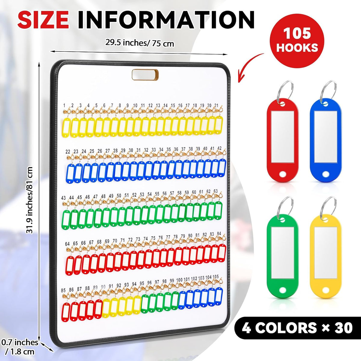 RattanView Key Hook Board Rack with 120 Pcs Plastic Tags Set 31.9 x 29.5 Inch Key Holder Wall Mount Organizer with 105 Hooks Self Closing Tabs Colored Labels for Car Hotels Office House Storage