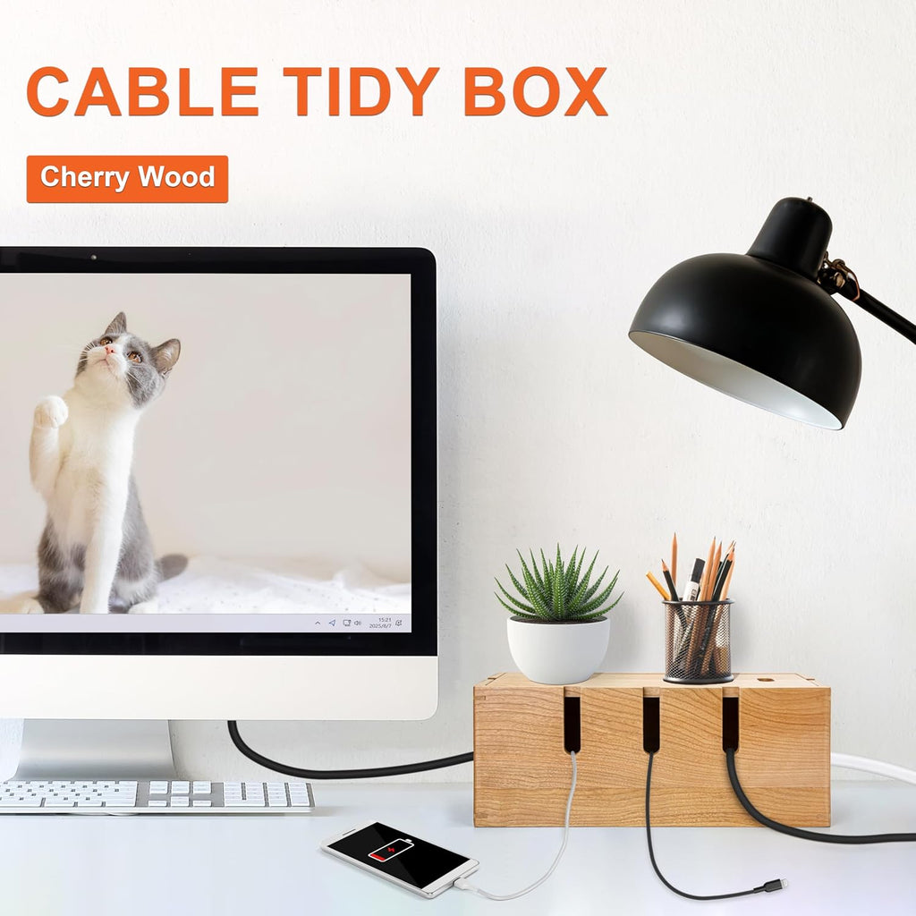 Elitzia Cherry Wood Cable Management Box for Power Strip, Magnetic Lid