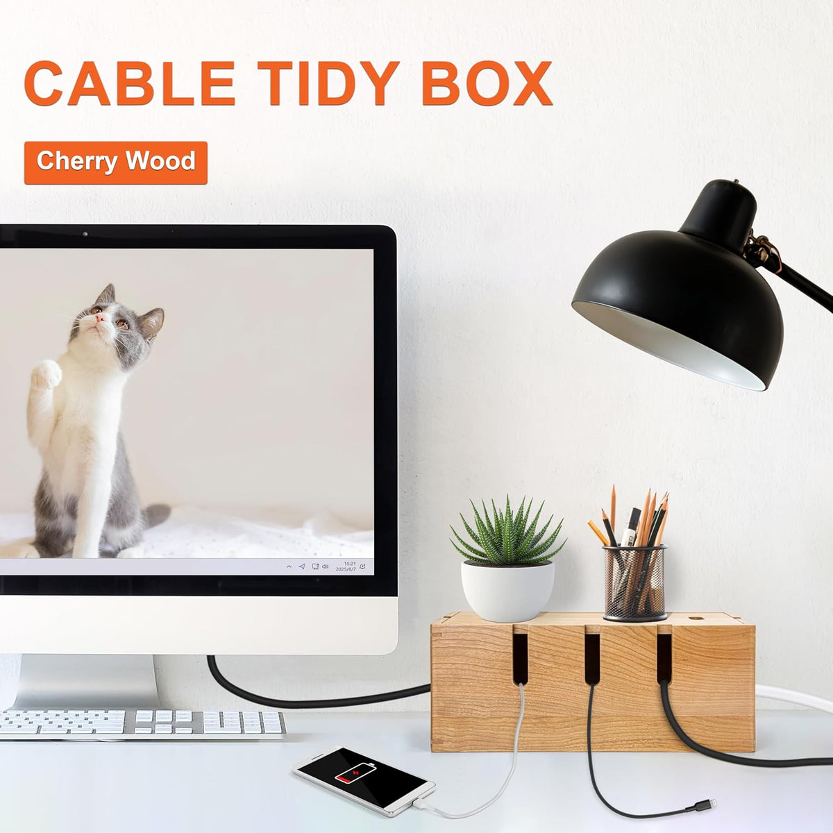 Elitzia Cherry Wood Cable Management Box for Power Strip, Magnetic Lid