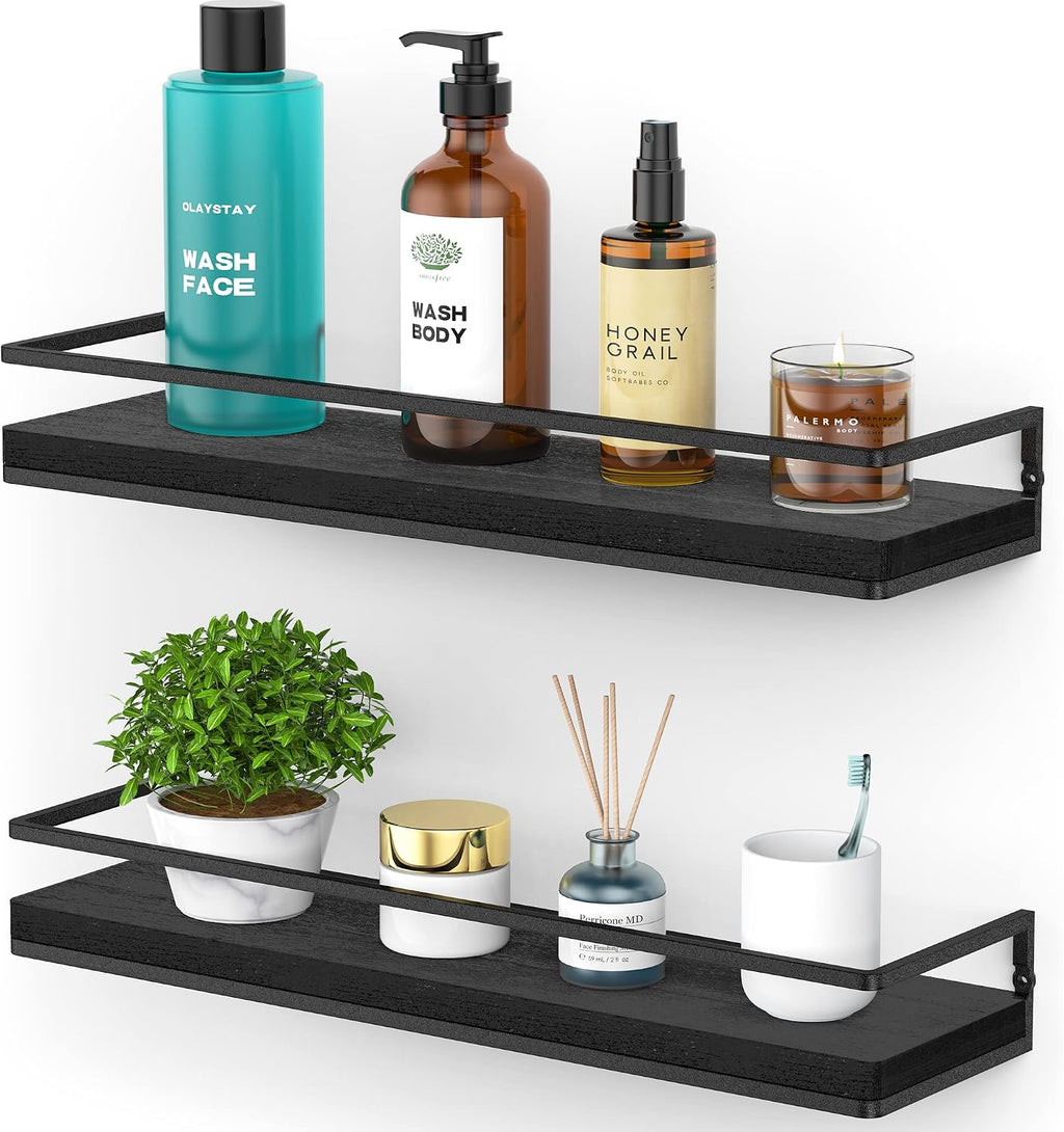 Meangood Black Floating Shelves for Wall, 17 inch Bathroom Shelf, Set of 2