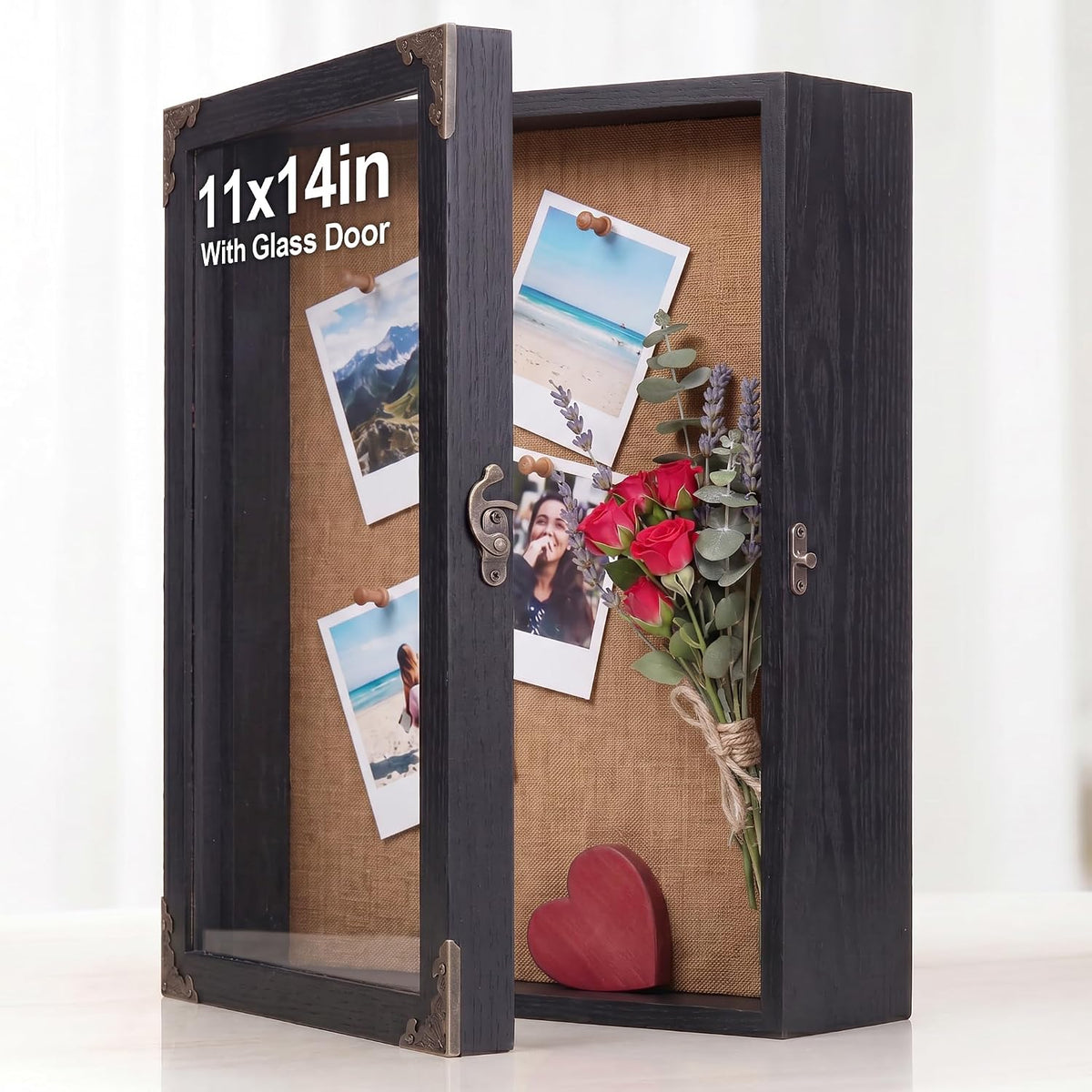 11x14 Shadow Box Frame with Glass Door, Solid Wood Memory Display Case, Linen Back, 2.7" Overall Depth, 10 Push Pins & Hanging Hardware, Rustic Keepsake Box for Flowers, Photos, Medals, Black