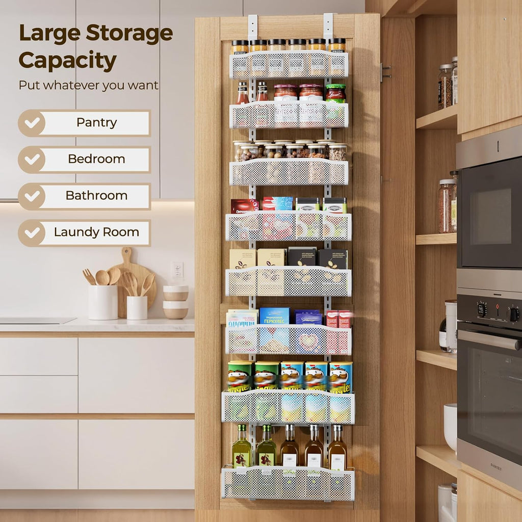 Delamu 8 Tier Over the Door Pantry Organizer, 2in1 Hanging or Wall Mount Spice Rack Seasoning, Adjustable Heavy-Duty Pantry Door Organizer and Storage for Kitchen Cabinet and Bathroom, 15.3" White
