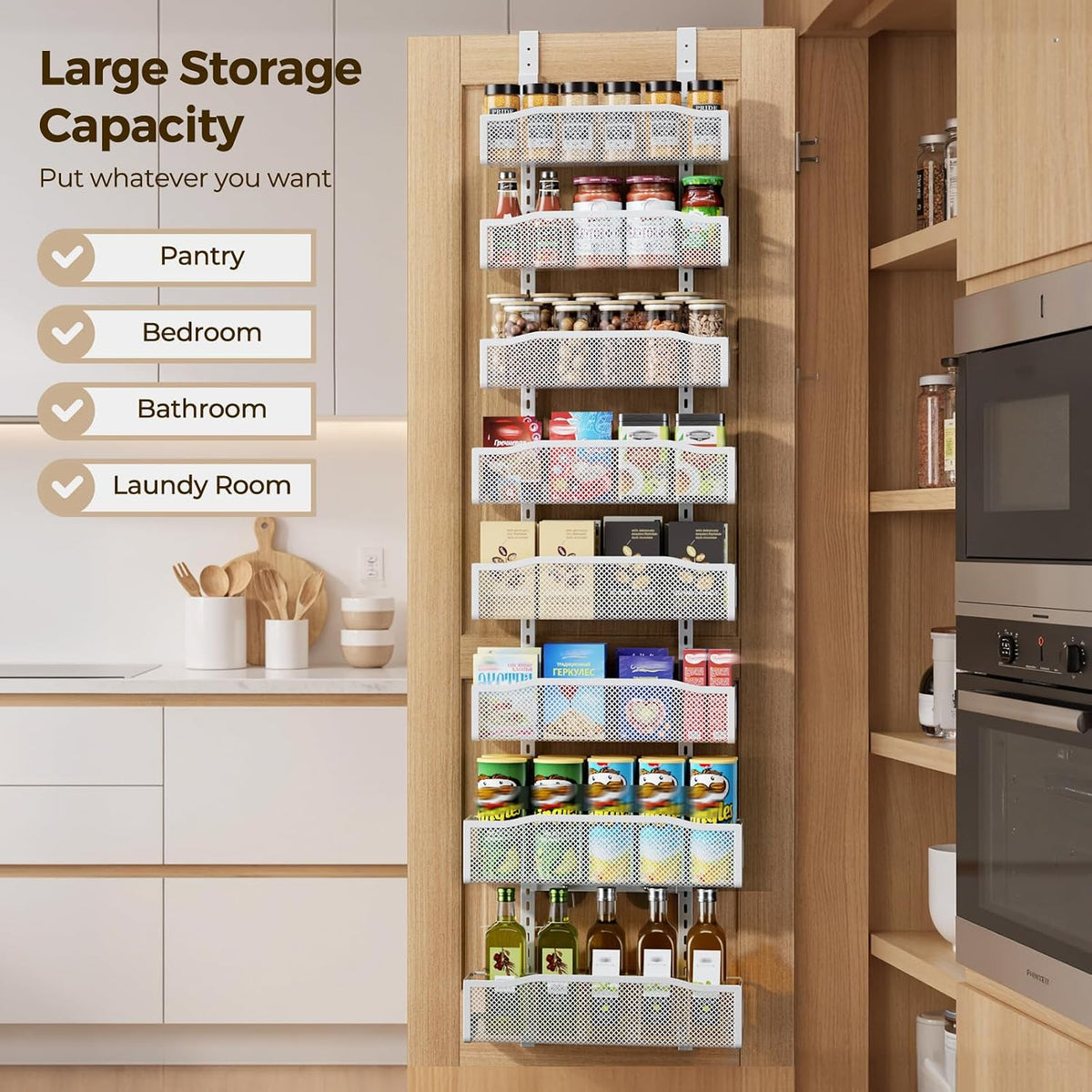 Delamu 8 Tier Over the Door Pantry Organizer, 2in1 Hanging or Wall Mount Spice Rack Seasoning, Adjustable Heavy-Duty Pantry Door Organizer and Storage for Kitchen Cabinet and Bathroom, 15.3" White