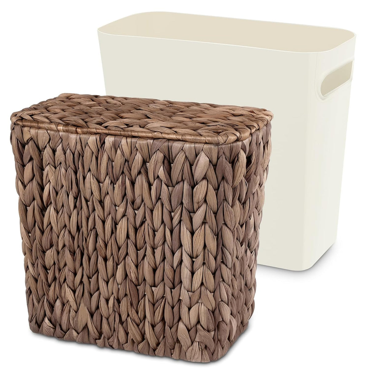 Wicker Trash Can with Lid and Liner, Handwoven Wicker Waste Basket, Water Hyacinth Bathroom Trash Can, Boho Rattan Garbage Wastebasket for Bedroom Home Living Room Office, 2.5 Gallon, Espresso