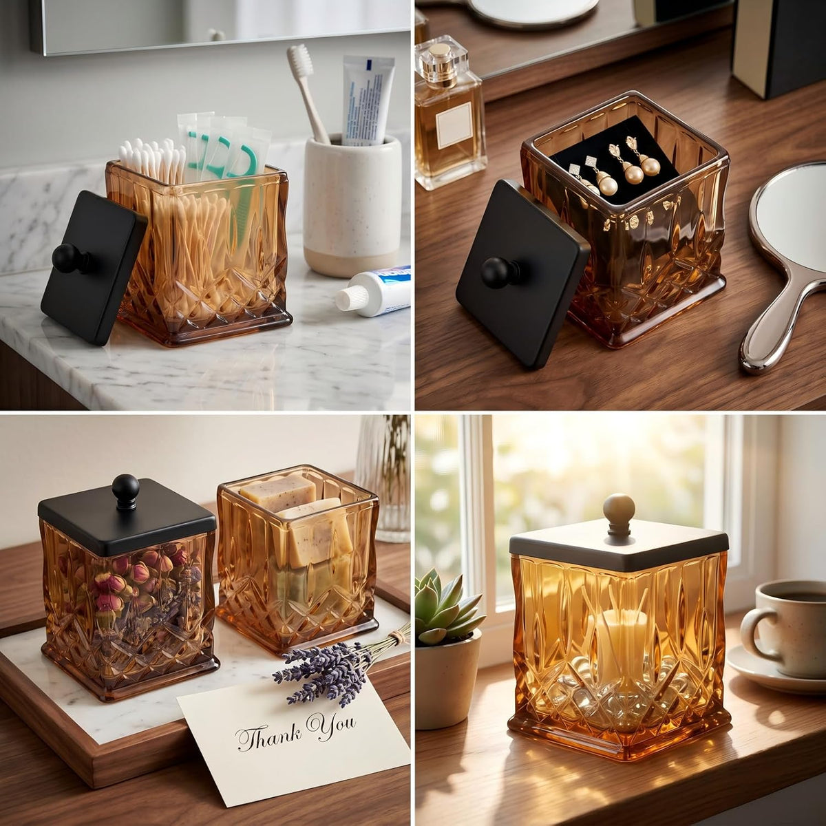2 Pack 15Oz Amber Q-Tip Holder, Square Thick Glass