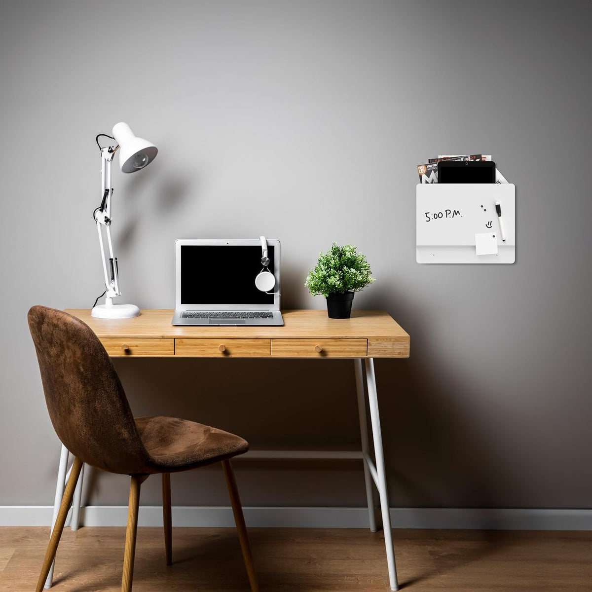 Magazine & Folder Wall Rack + Whiteboard - for Home, Office, School - Storage & Note Space, Mid-Century Style, Wall Mounted, Mail Organizer by Sable Flow (W)
