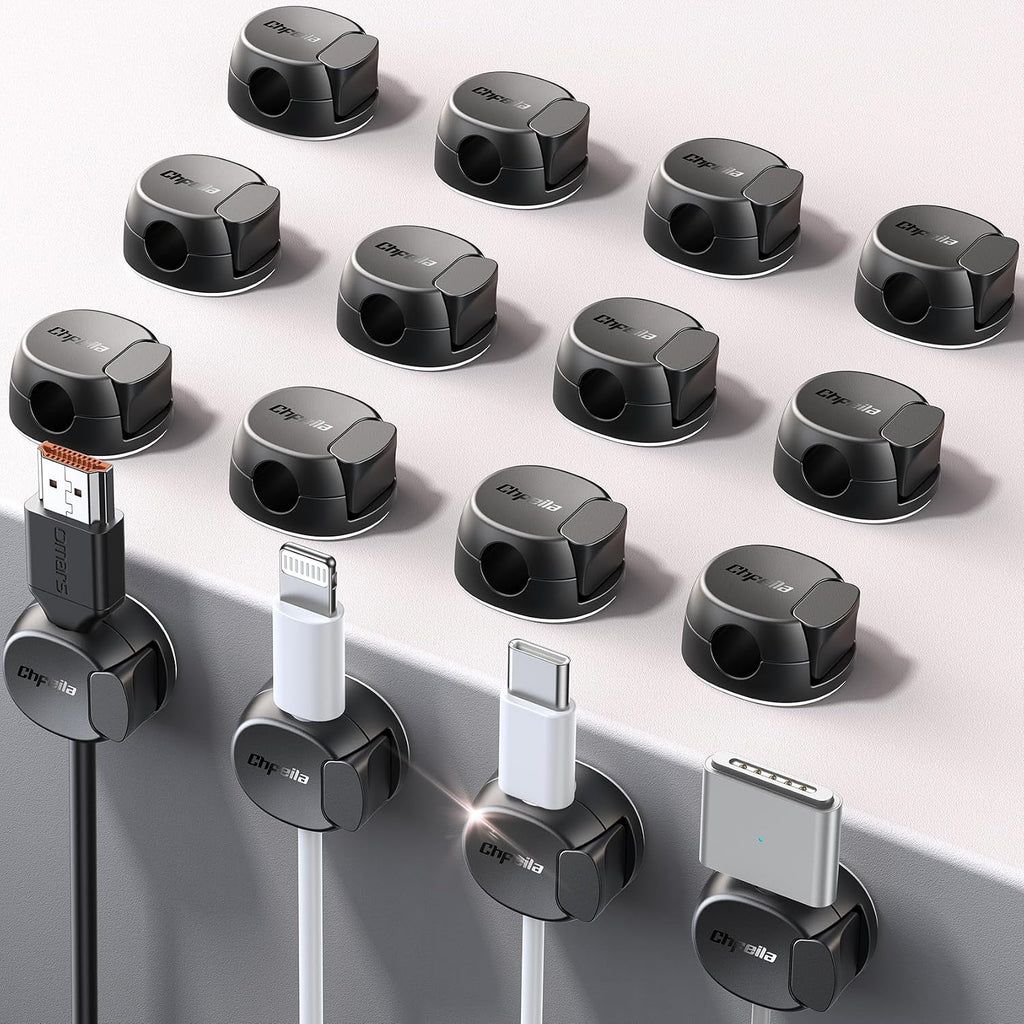 16Pack Cord Organizer [Dual Spring & Clasp, Max Secure] Cable Clips - Chfeila Cord Holder, Desk Cable Management, Adhesive Phone Charging Wire Holder for Nightstand/Car/Wall, Office Accessory - Black