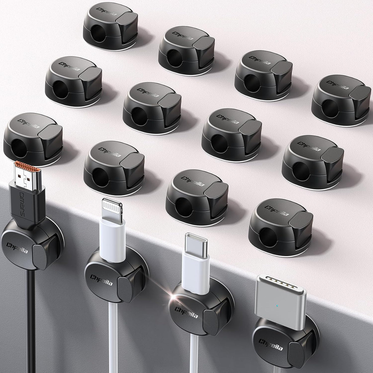 16Pack Cord Organizer [Dual Spring & Clasp, Max Secure] Cable Clips - Chfeila Cord Holder, Desk Cable Management, Adhesive Phone Charging Wire Holder for Nightstand/Car/Wall, Office Accessory - Black