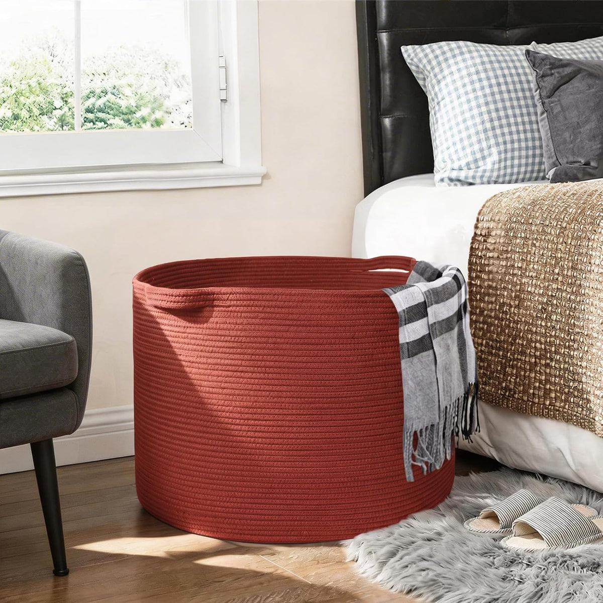 MEGASKET Large Cotton Rope Storage Basket, 22"x14" Rustic Woven Storage Bin for Blankets, Laundry, Shoes, Towels, Farmhouse Boho Blanket Basket Living Room Bedroom, Soft Round Toy Box, Terracotta
