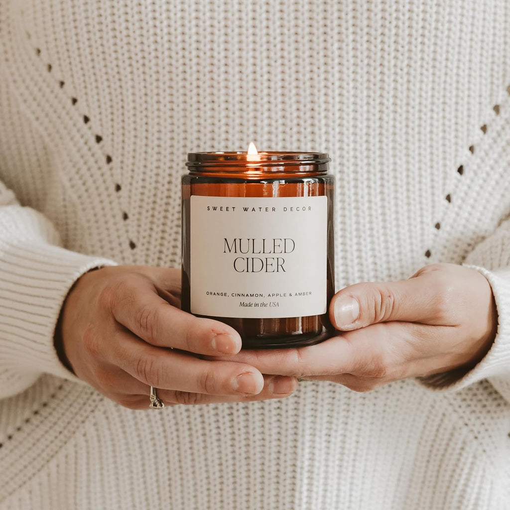 Sweet Water Decor Mulled Cider Candle, 9oz Amber Glass Jar, Fall Winter