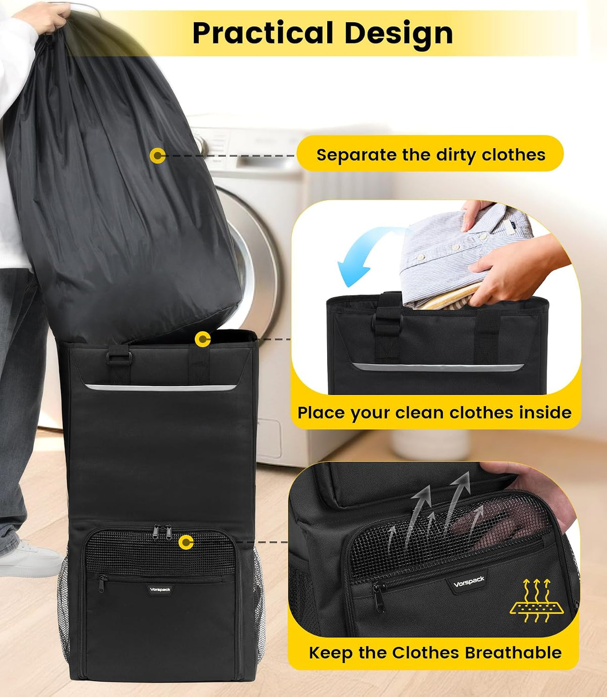 Vorspack Laundry Backpack with Shoulder Straps, Extra Large Hamper, Black