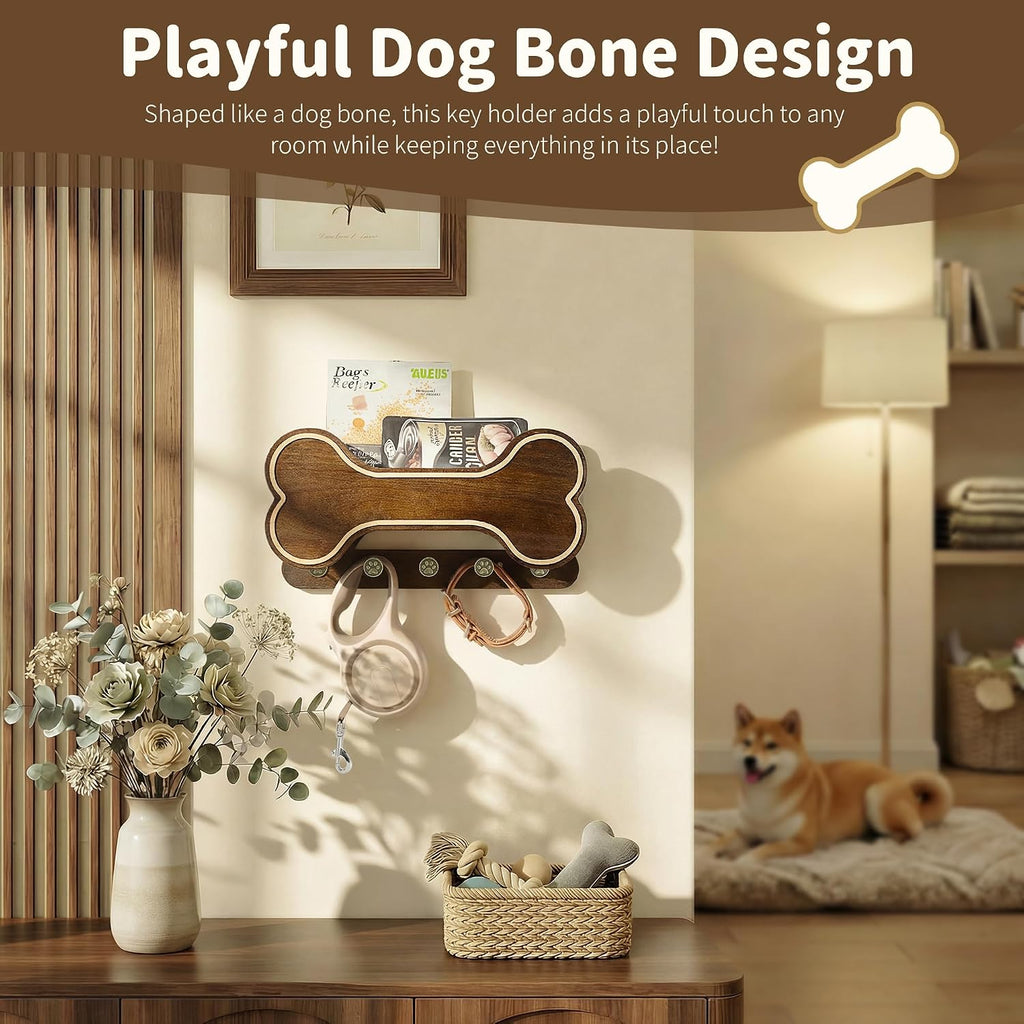MTERSN Dog Leash Holder Wall Mount for Cute Dog Themed Decor, Dark Brown