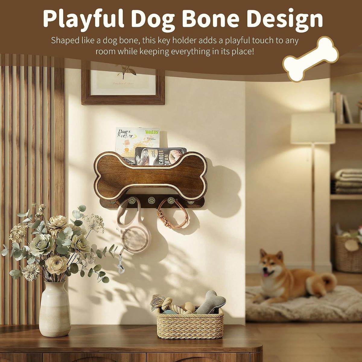 MTERSN Dog Leash Holder Wall Mount for Cute Dog Themed Decor, Dark Brown