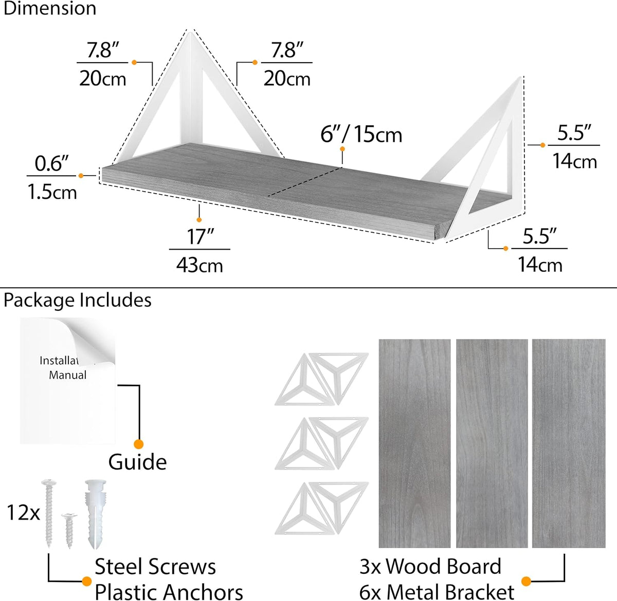 Wallniture Minori Gray Floating Shelves for Wall, Bathroom Shelves Over the Toilet Storage, Wood Wall Shelf for Bedroom, Living Room, Kitchen, Set of 3