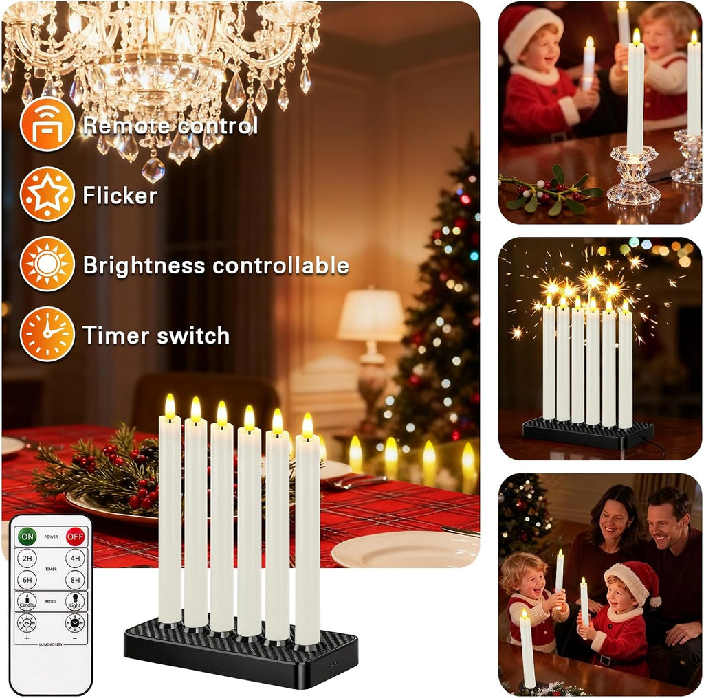 HL Rechargeable Flameless Taper Candles with Charging Base, 6 Pack