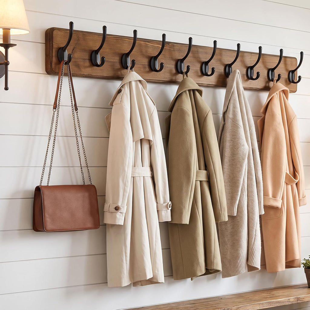 WEBI Rustic Coat Rack Wall Mount,10 Hooks,38 9/16" Long Coat Hooks Wall Mounted,16’’ Hole to Hole,Wood Coat Hanger Wall,Hook Rack Hooks for Hanging Coats,Jacket,Clothes,Hats,Brown