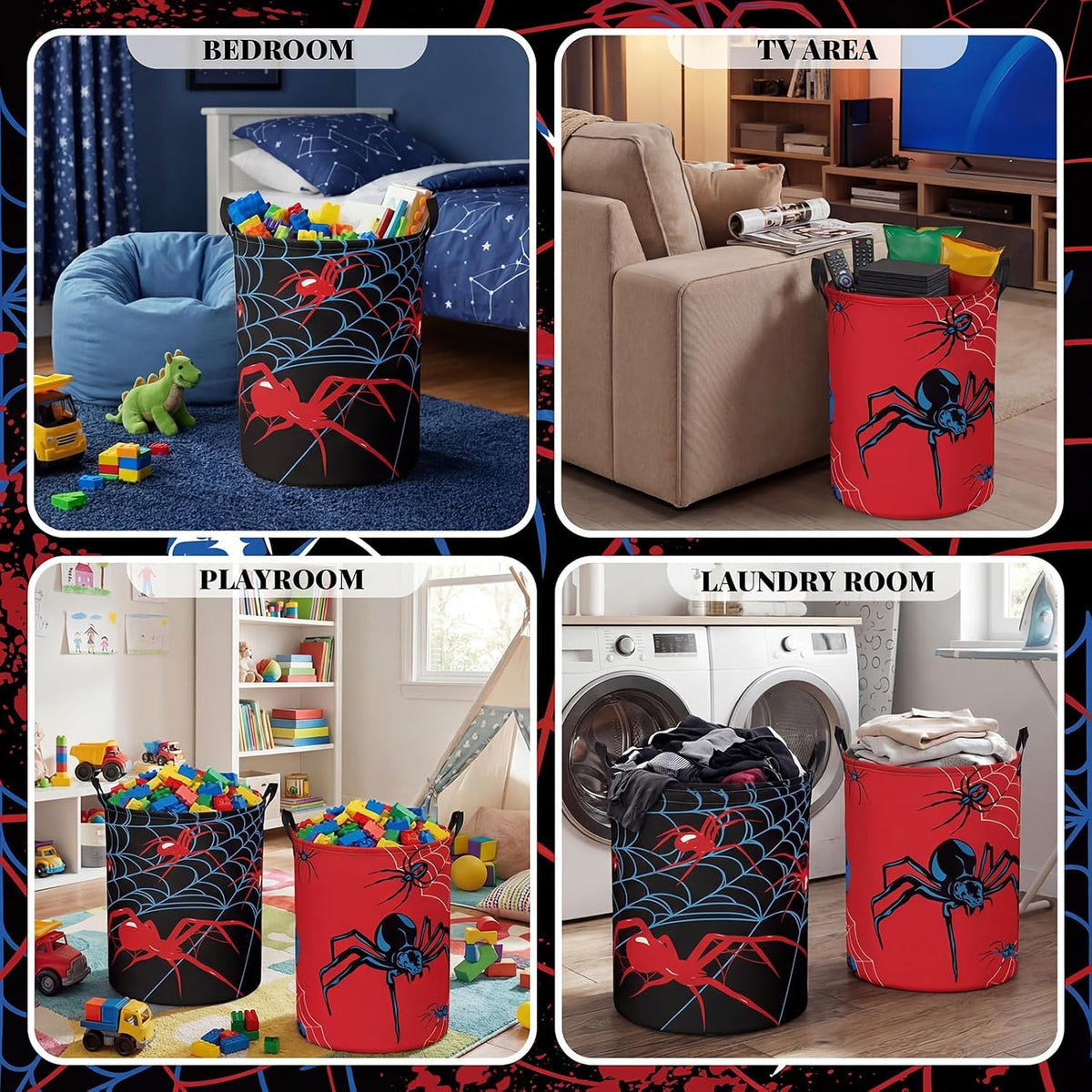 2 Pcs Spider Web Laundry Hamper Basket Large 17.3 x 13.8 Inch Round Collapsible Toy Storage Organizer Basket Bin with Waterproof Layer for Closet Bedroom Playroom Nursery Toy Dirty Cloth