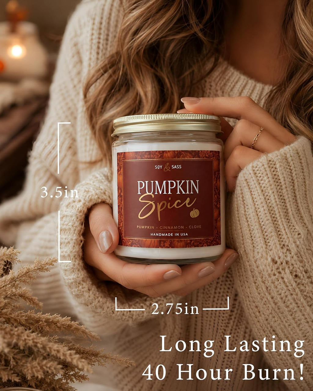 Pumpkin Spice Candle, Fall Candles - 'Pumpkin Spice' Scented Soy Candle for Home, Fall Scented Candles for Home Décor, 9oz Reusable Jar, 50Hr Burn, Made in USA