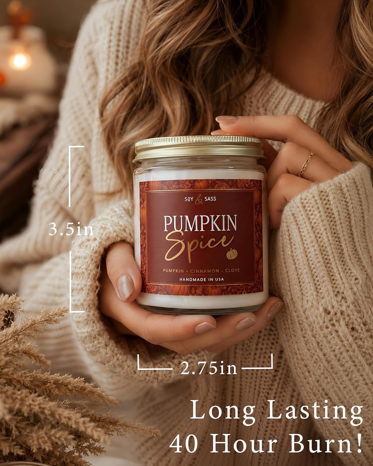 Pumpkin Spice Candle, Fall Candles - 'Pumpkin Spice' Scented Soy Candle for Home, Fall Scented Candles for Home Décor, 9oz Reusable Jar, 50Hr Burn, Made in USA