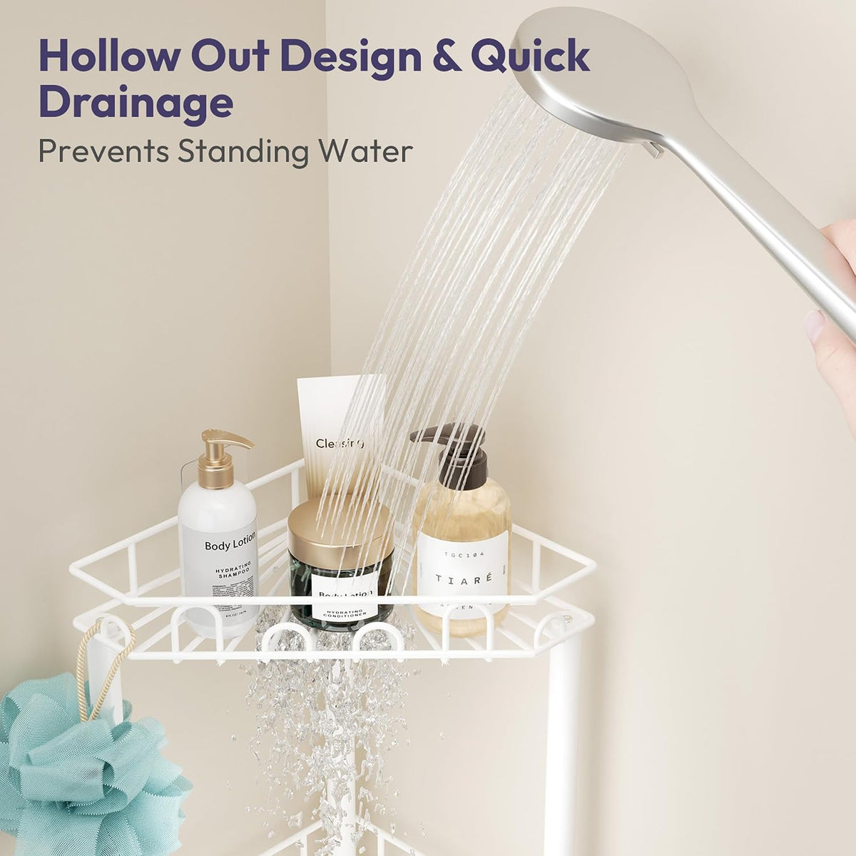 SWTYMIKI Standing Shower Caddy Corner - 4‑Tier Stainless Steel Shower Organizer Shelf with 16 Hooks and Adhesive Pads, Rustproof Corner Shelves Stand Rack for Bathroom Shower Room, white