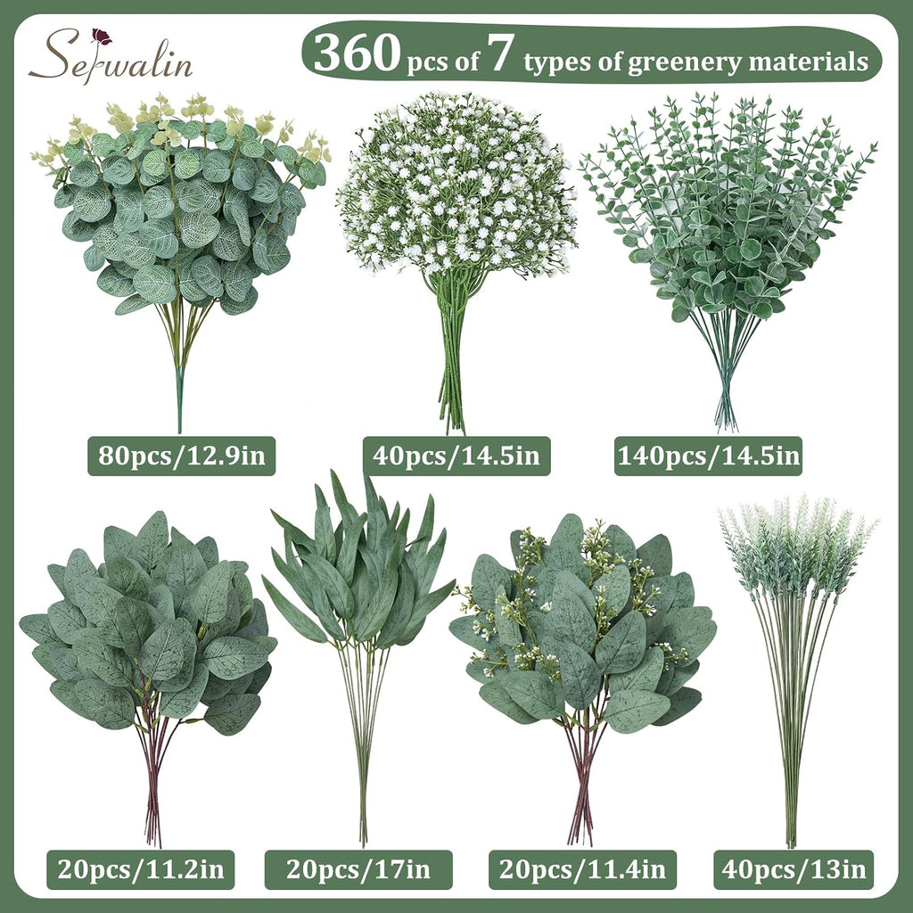 Serwalin 360 Pcs 7 Kinds Mixed Artificial Eucalyptus Greenery Stems Bulk