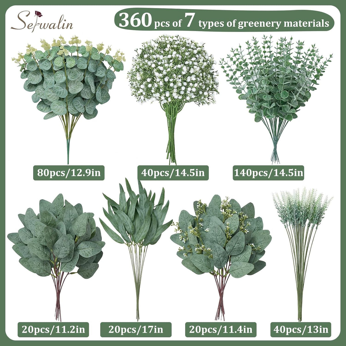Serwalin 360 Pcs 7 Kinds Mixed Artificial Eucalyptus Greenery Stems Bulk