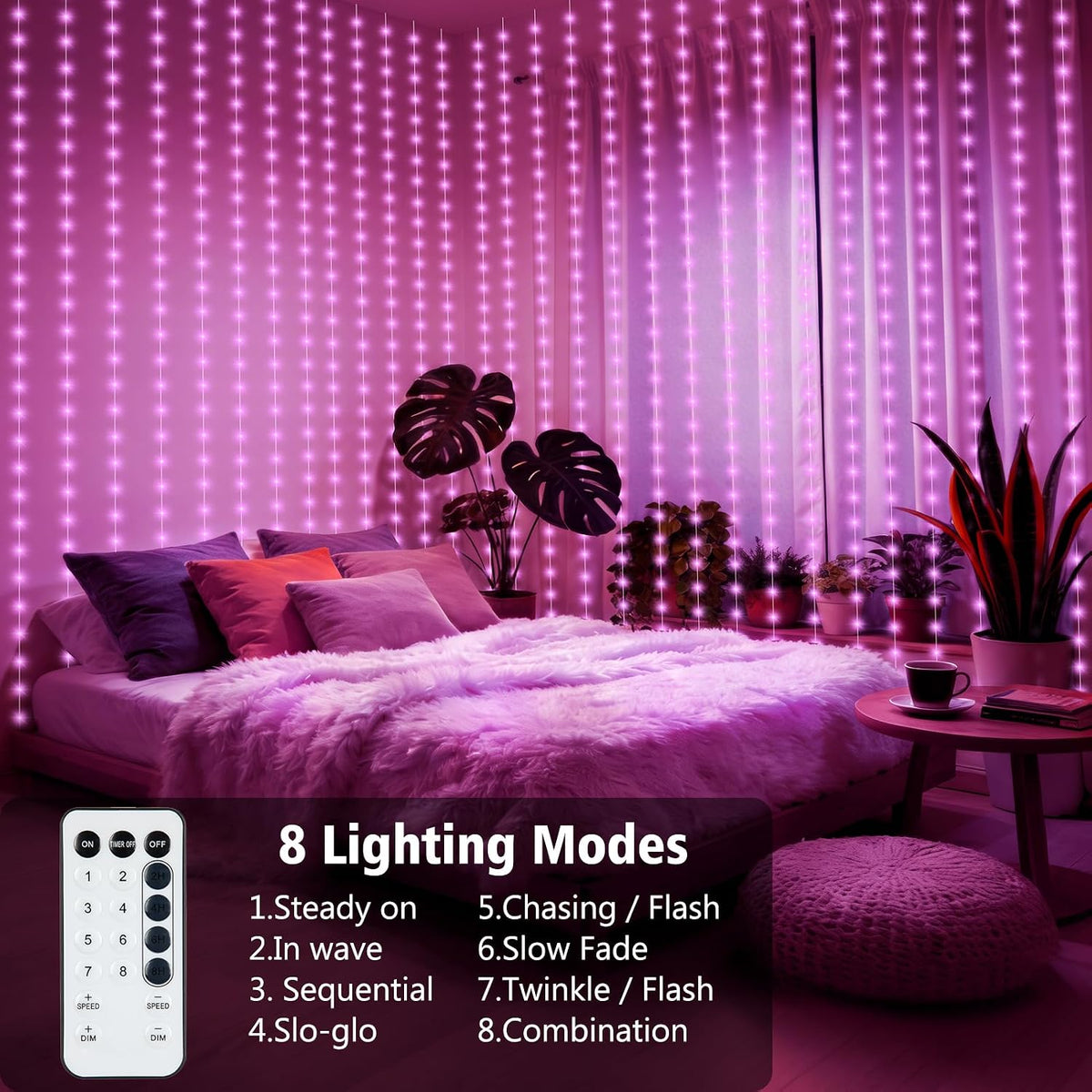 echosari Curtain Lights Battery Operated 9.8 x 9.8Ft with Timer Pink