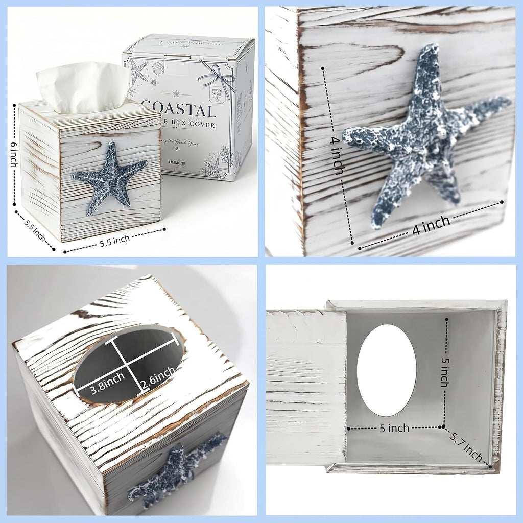 Coastal Tissue Box Cover Wooden Retro with Sliding Bottom Panel Beach Decor for Bathroom Bedroom Living Room,Starfish Decor Suitable for Coastal Gifts Beach House Gifts