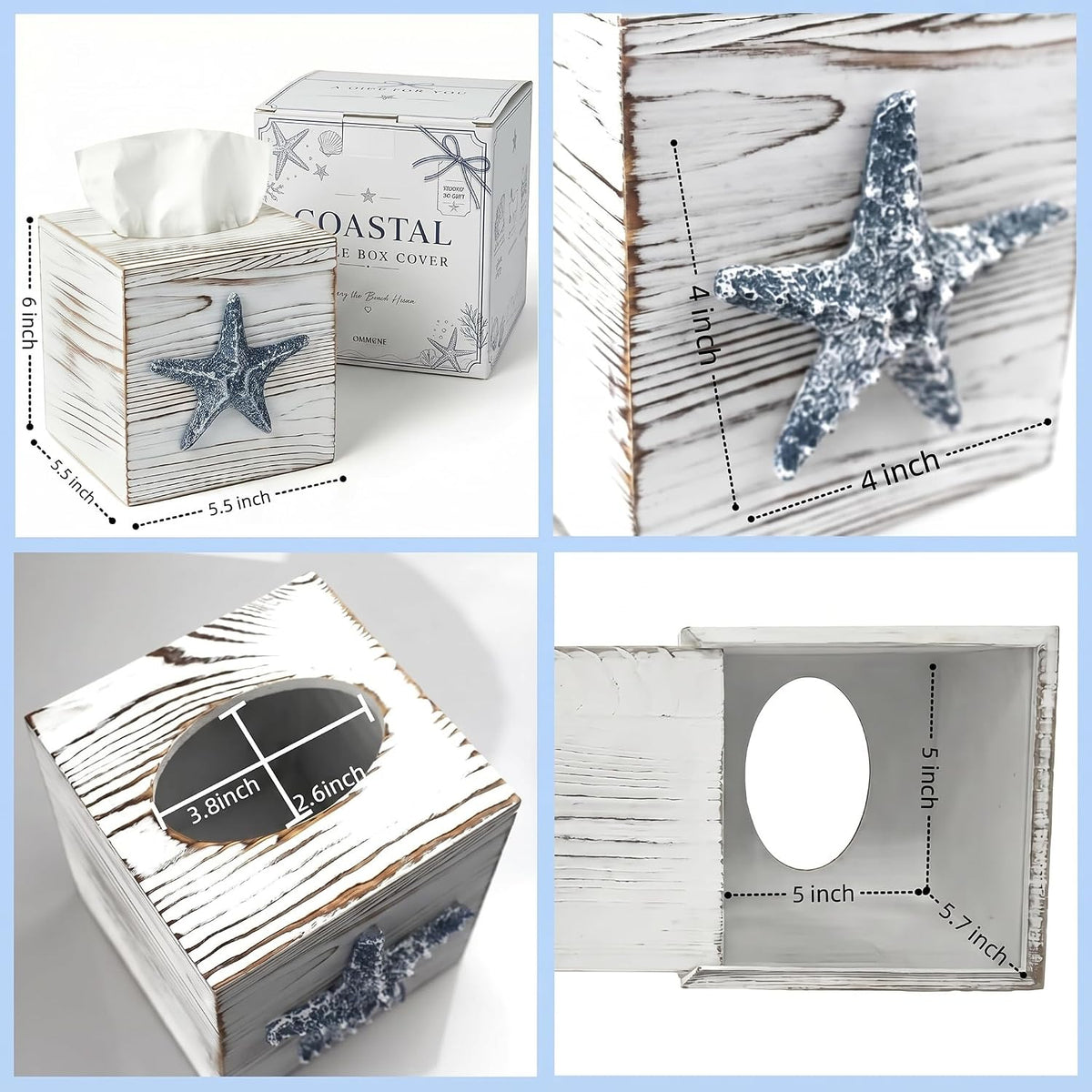 Coastal Tissue Box Cover Wooden Retro with Sliding Bottom Panel Beach Decor for Bathroom Bedroom Living Room,Starfish Decor Suitable for Coastal Gifts Beach House Gifts