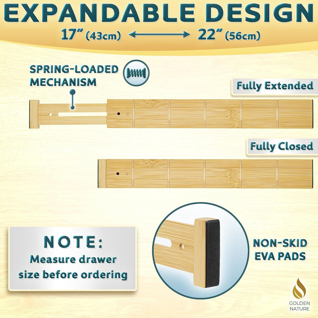 Bamboo Drawer Organizer with Inserts & Labels, 17-22", Kitchen Dividers